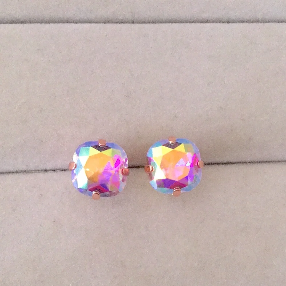 Violet Aurora Borealis + Rose Gold Cushion Cut Crystal Earrings